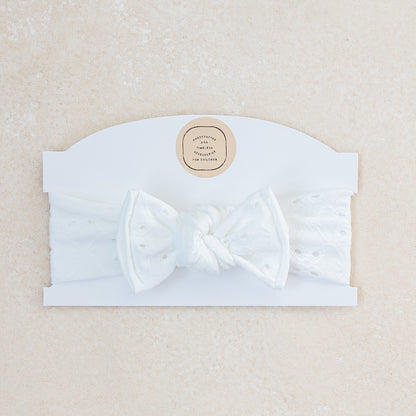 Baby Girl Headwrap Bow • White Eyelet • Handmade Newborn Hair Accessory